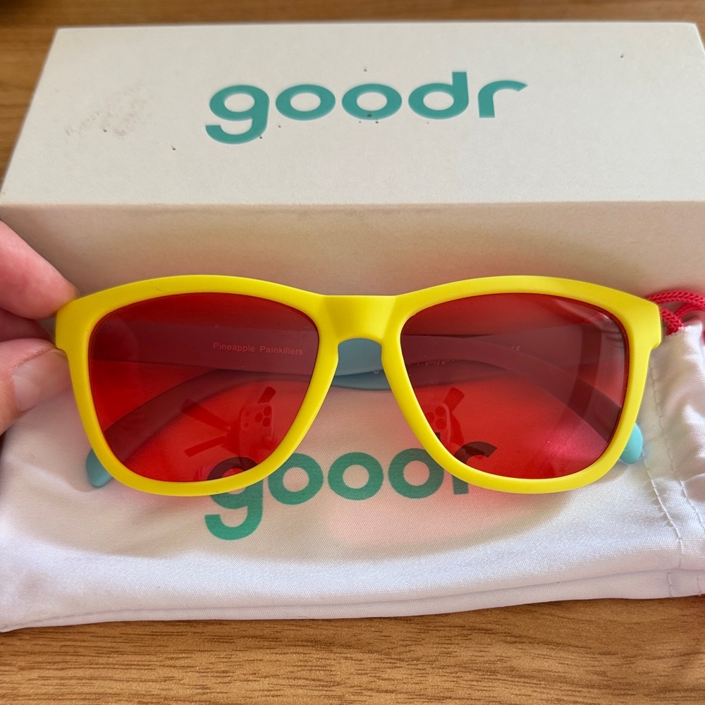 Goodr Pineapple Painkillers Yellow & Blue Sunglasses with Red Lenses